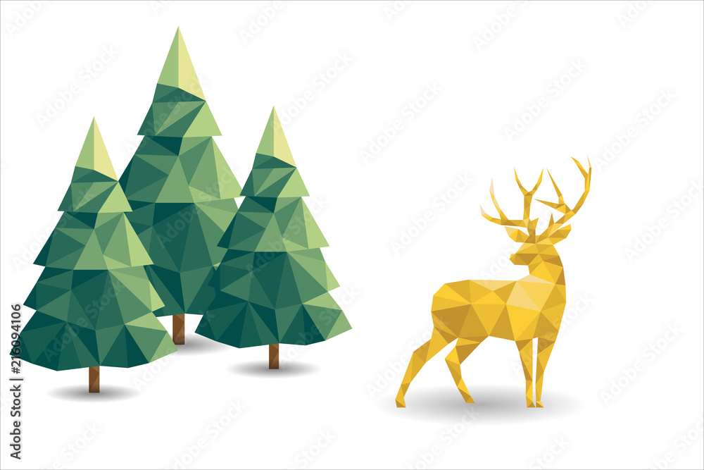 Low poly Christmas scene with reindeer and pines.
