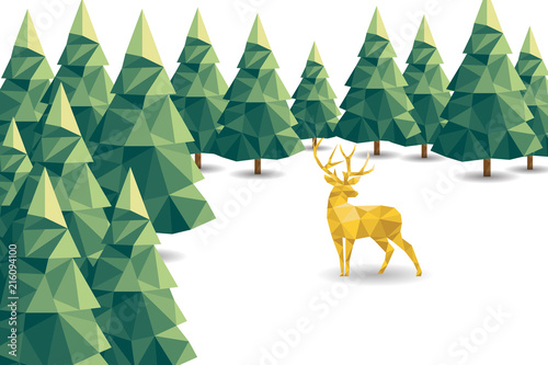 Low poly Christmas scene with reindeer and pines.