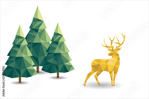 Low poly Christmas scene with reindeer and pines.