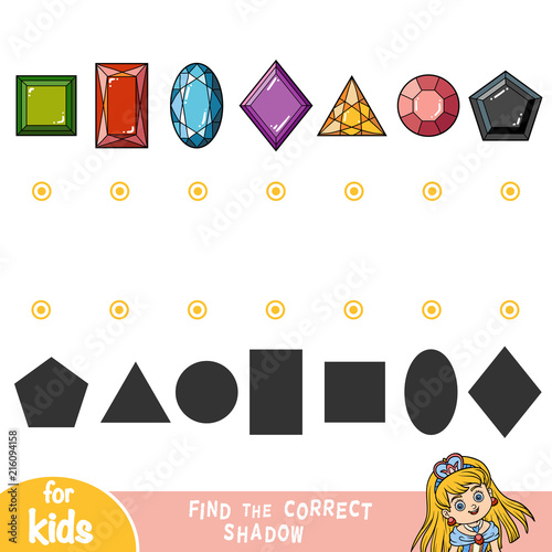 Find the correct shadow, game for children, Gemstones. Set of geometry shapes
