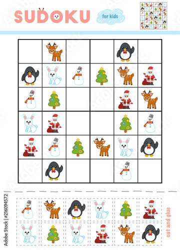 Sudoku for children, education game. Cartoon Christmas items - Christmas tree, Snowman, Penguin, Rabbit, Deer and Santa Claus.