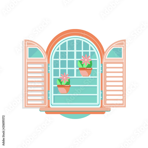 Retro window with shutters and flowerpots, architectural design element vector Illustration on a white background