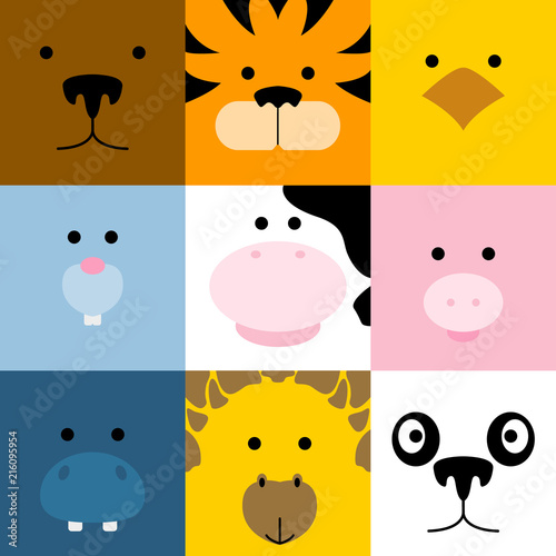 Set of cute simple animal faces, vector illustration