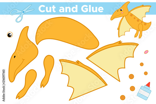 Educational paper game for children. Create cartoon dinosaur Pterodactyl. Use scissors and glue to create the applique. Vector illustration