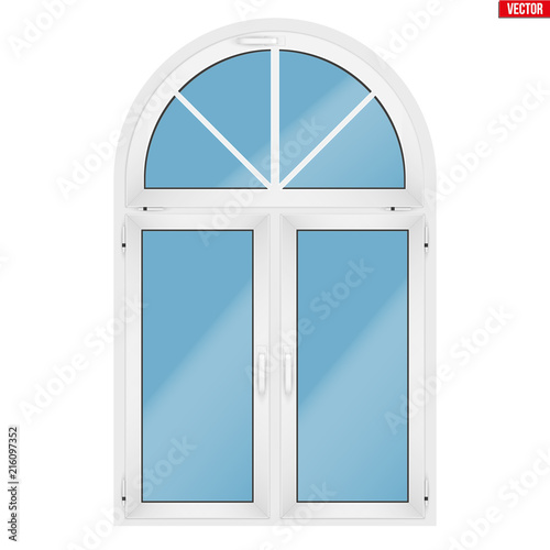 Metal plastic PVC window with three sash and arch and opening casements. Indoor view. Models and frame installation. White color. Sample Vector Illustration isolated on white background.