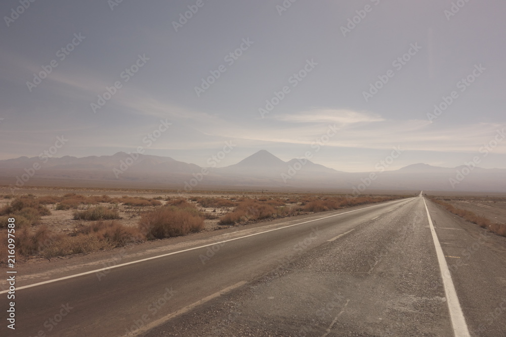 Teerstraße in Wüstenlandschaft mit Steppe vor Vulkan-Kulisse