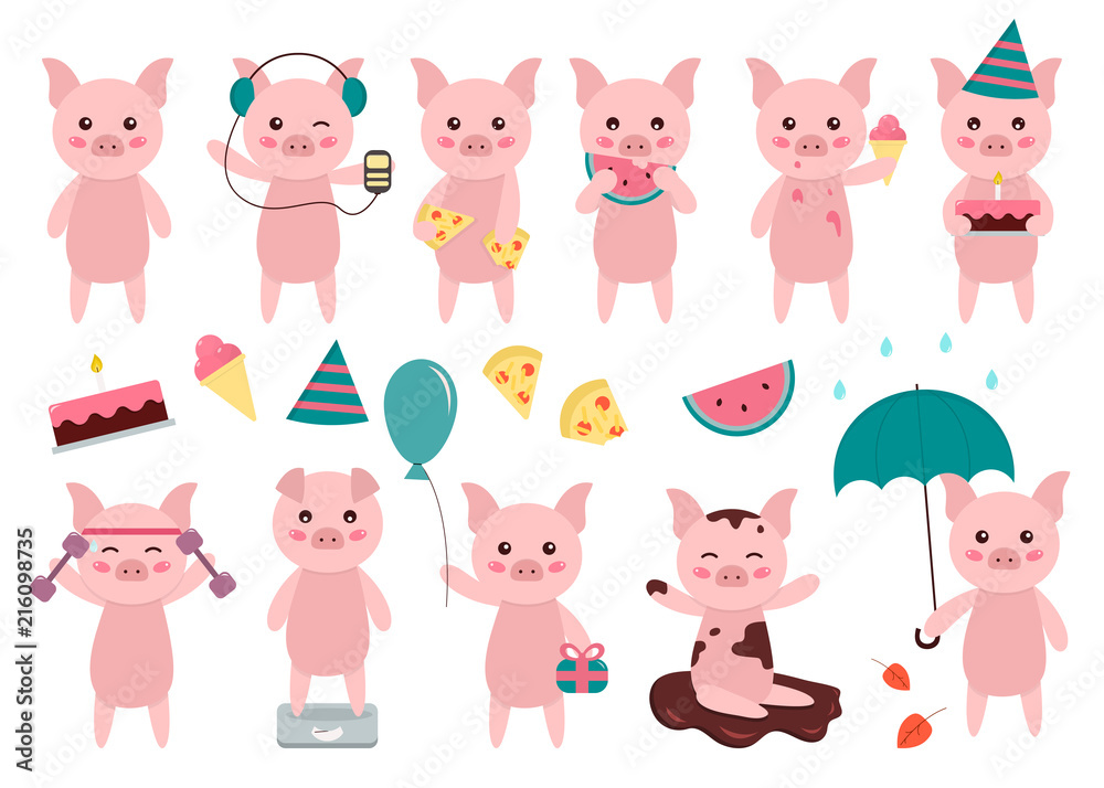 Cute vector pigs clipart. 11 different pigs in different situations. Flat style characters. Cute vector pigs clipart. 11 different pigs in different situations. Flat style characters.