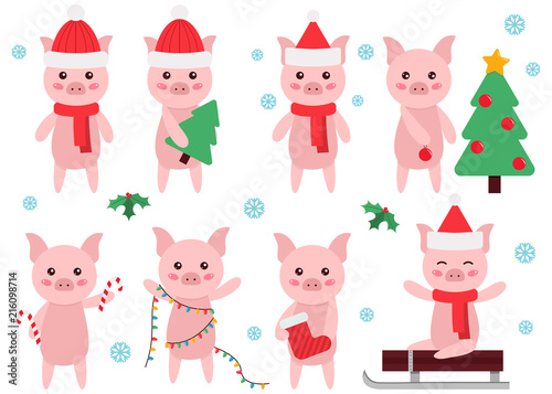 Fototapeta Naklejka Na Ścianę i Meble -  Cute cartoon pig clipart. New Year or Christmas symbol. Flat style characters.  Vector illustration