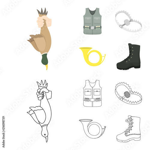 A trophy in his hand, a steel trap, a hunting vest with patronage, a horn..Hunting set collection icons in cartoon,outline style vector symbol stock illustration web.