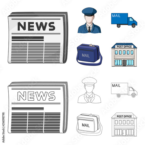 The postman in uniform, mail machine, bag for correspondence, postal office.Mail and postman set collection icons in cartoon,outline style vector symbol stock illustration web.