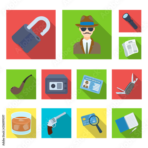 Detective and Attributes flat icons in set collection for design.Detective Agency vector symbol stock web illustration.