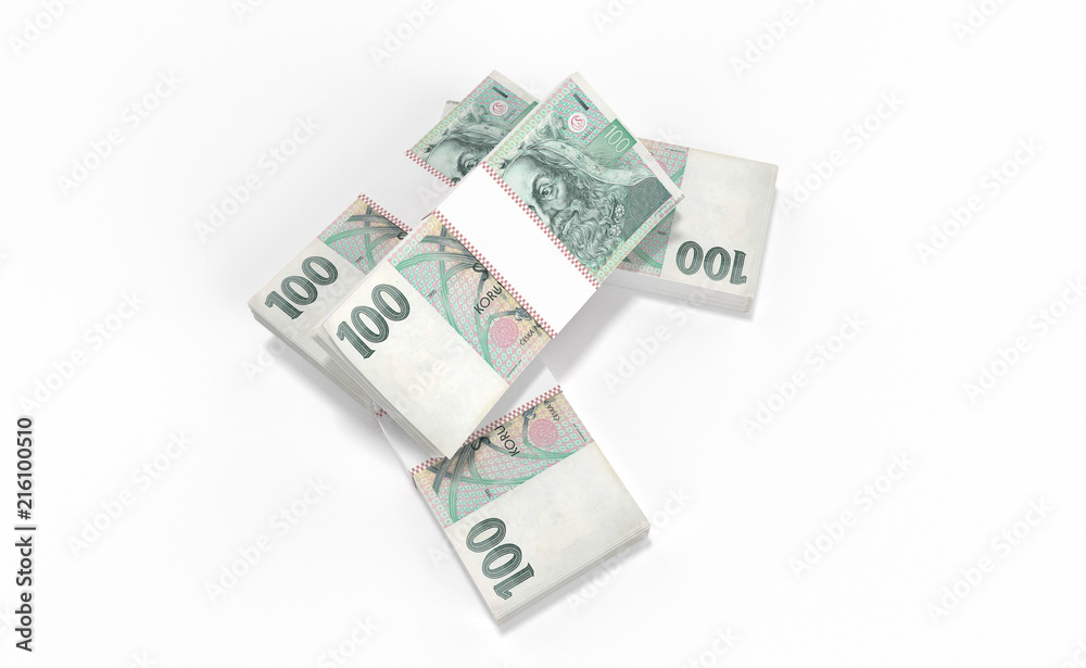 3D realistic render of 100 stack czech crown ceska koruna national money in czech republic. Isolated on white background. 3D realistic render of 100 stack czech crown ceska koruna national money in czech republic. Isolated on white background.