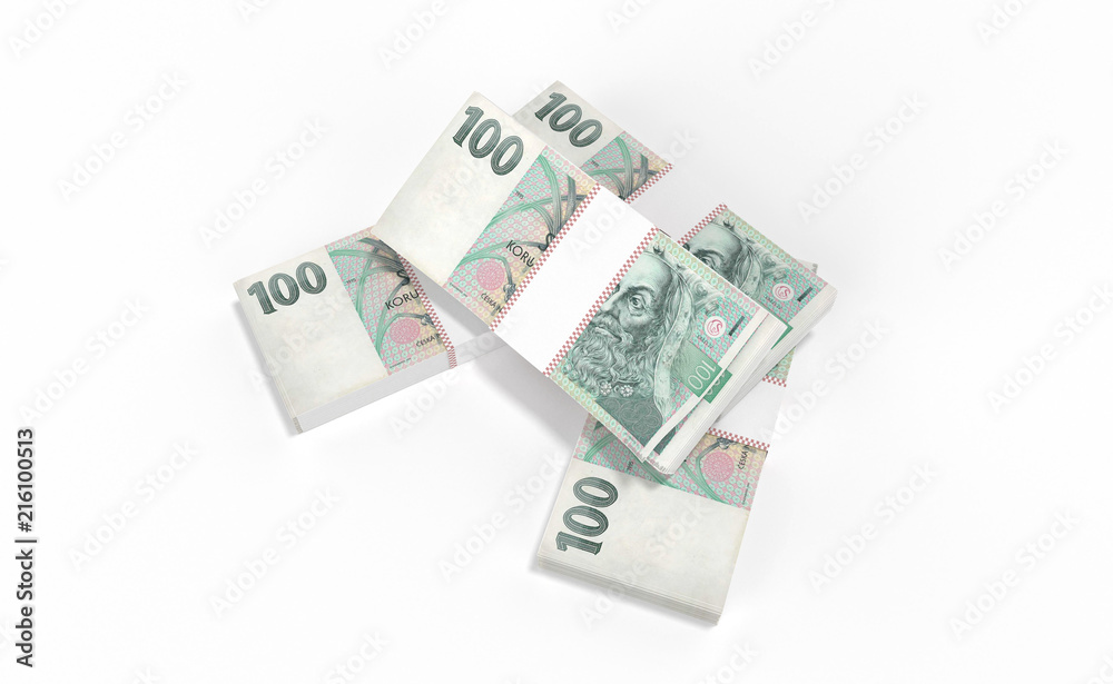 3D realistic render of 100 stack czech crown ceska koruna national money in czech republic. Isolated on white background. 3D realistic render of 100 stack czech crown ceska koruna national money in czech republic. Isolated on white background.