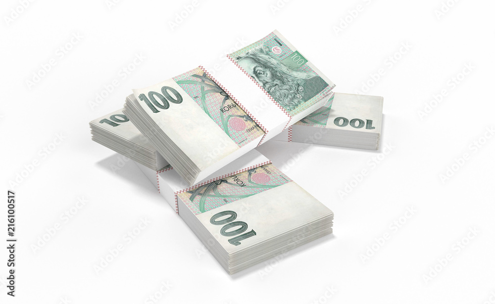 3D realistic render of 100 stack czech crown ceska koruna national money in czech republic. Isolated on white background. 3D realistic render of 100 stack czech crown ceska koruna national money in czech republic. Isolated on white background.