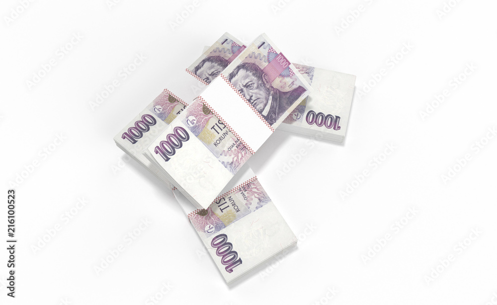 3D realistic render of 1000 stack czech crown ceska koruna national money in czech republic. Isolated on white background. 3D realistic render of 1000 stack czech crown ceska koruna national money in czech republic. Isolated on white background.