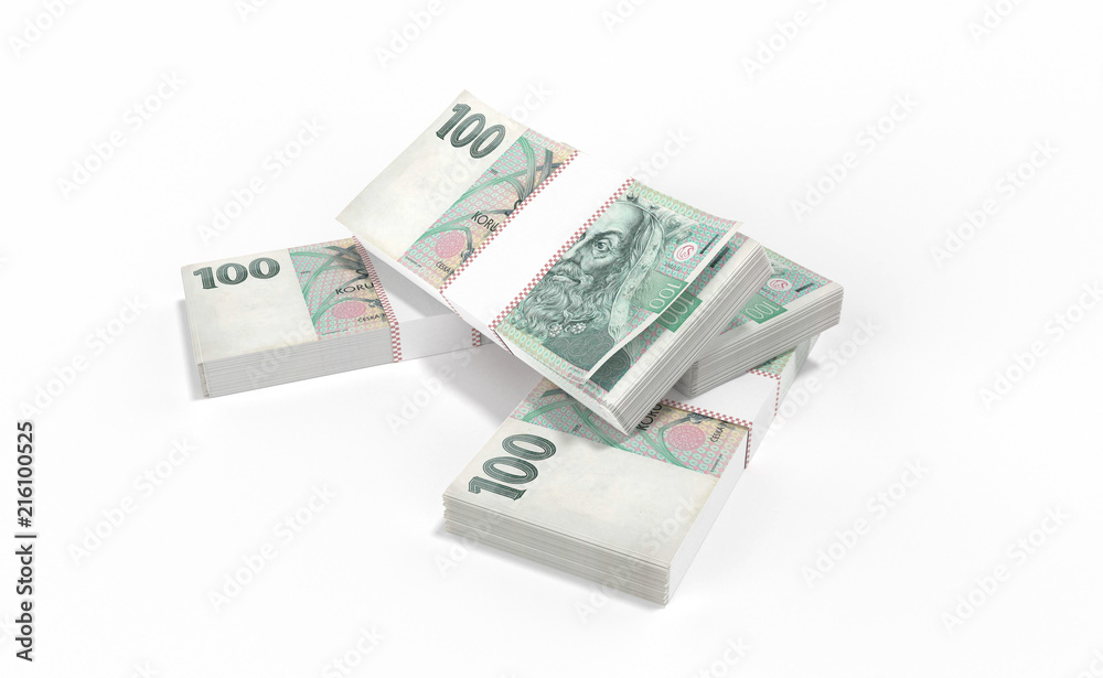 3D realistic render of 100 stack czech crown ceska koruna national money in czech republic. Isolated on white background. 3D realistic render of 100 stack czech crown ceska koruna national money in czech republic. Isolated on white background.