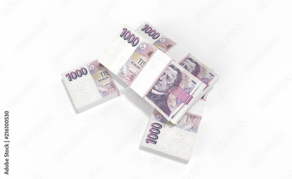 3D realistic render of 1000 stack czech crown ceska koruna national money in czech republic. Isolated on white background. 3D realistic render of 1000 stack czech crown ceska koruna national money in czech republic. Isolated on white background.
