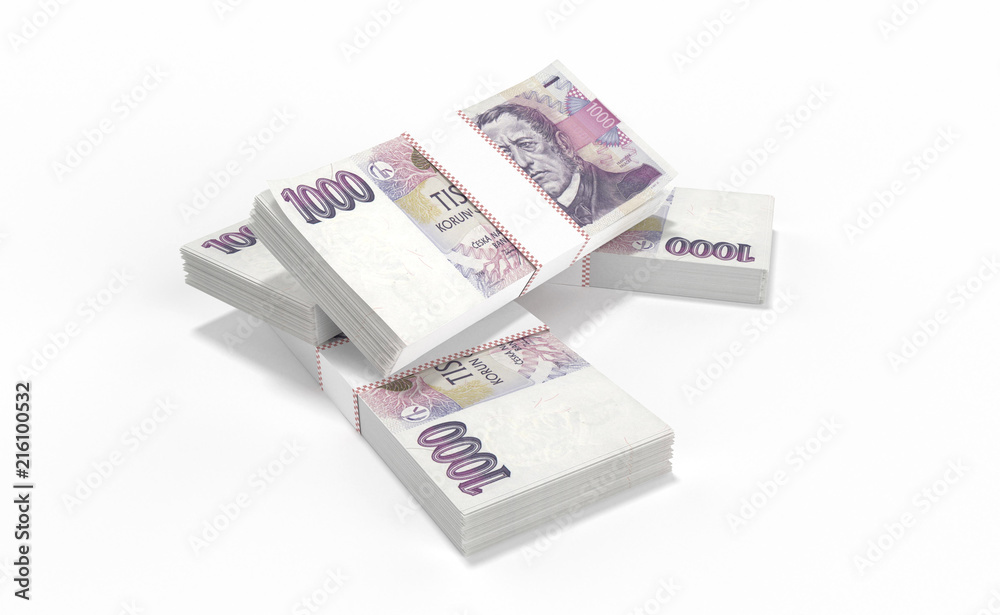 3D realistic render of 1000 stack czech crown ceska koruna national money in czech republic. Isolated on white background. 3D realistic render of 1000 stack czech crown ceska koruna national money in czech republic. Isolated on white background.