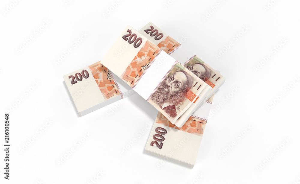 3D realistic render of 200 stack czech crown ceska koruna national money in czech republic. Isolated on white background. 3D realistic render of 200 stack czech crown ceska koruna national money in czech republic. Isolated on white background.