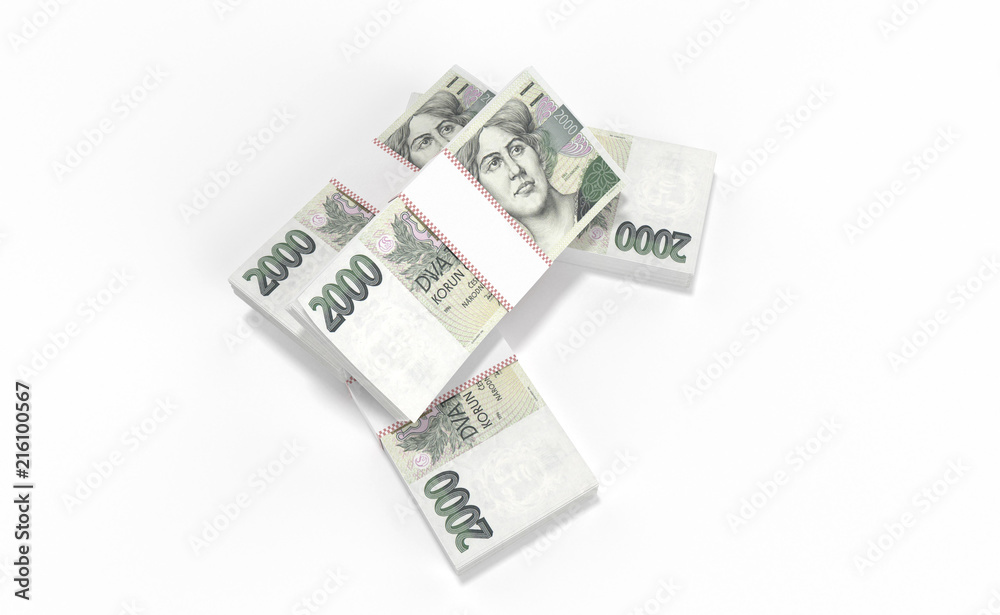 3D realistic render of 2000 stack czech crown ceska koruna national money in czech republic. Isolated on white background. 3D realistic render of 2000 stack czech crown ceska koruna national money in czech republic. Isolated on white background.