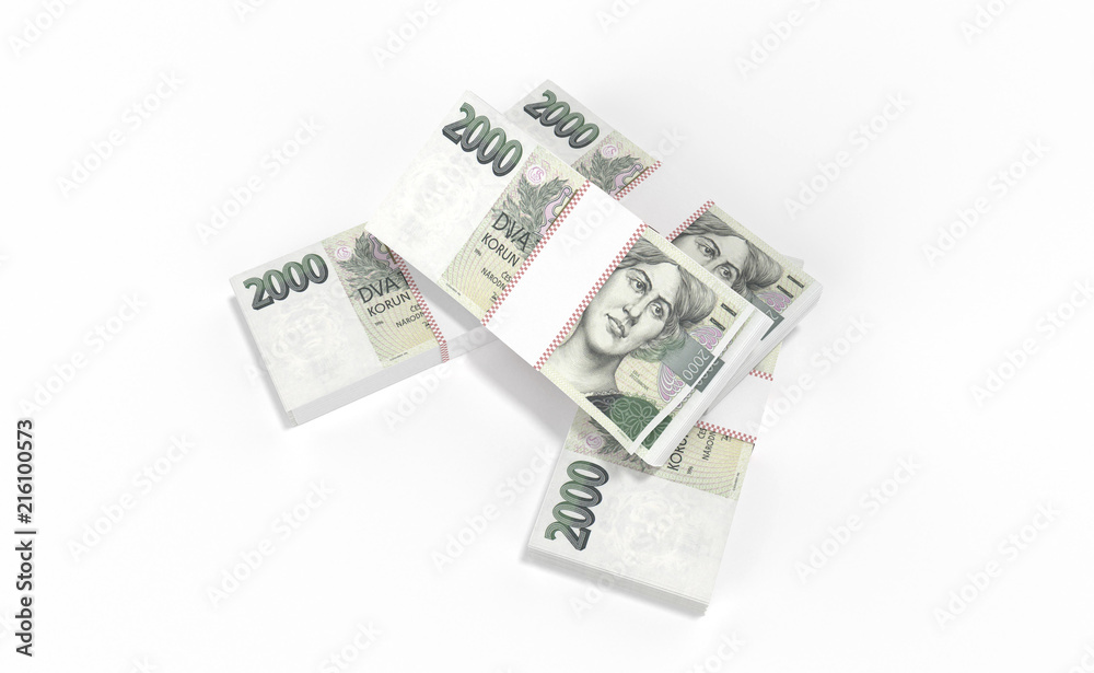 3D realistic render of 2000 stack czech crown ceska koruna national money in czech republic. Isolated on white background. 3D realistic render of 2000 stack czech crown ceska koruna national money in czech republic. Isolated on white background.