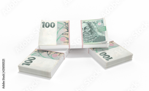3D realistic render of 100 stack czech crown ceska koruna national money in czech republic. Isolated on white background.