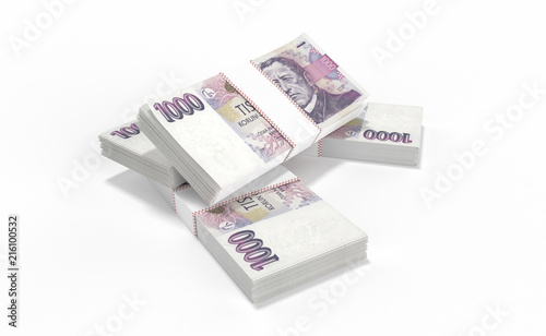 3D realistic render of 1000 stack czech crown ceska koruna national money in czech republic. Isolated on white background.