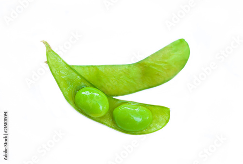 studio shot of Japanese style boiled beans EDAMAME on white background.. photo