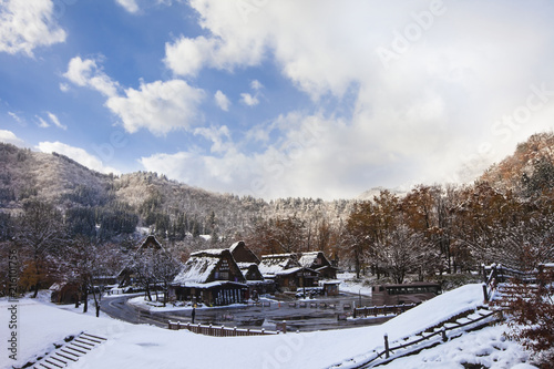 Historic winter villages of Shirakawago Japan. Traditional style huts in villages heritage site Unesco.
