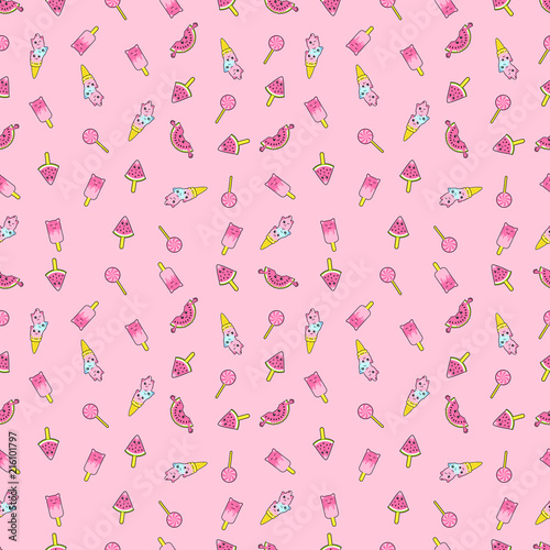 Abstract seamless ice cream pattern. Creative vector kids background with ice cream, cute eyes, cactus, stars, rainbow. Funny kids pattern for textile and fabric. Fashion ice cream pattern style.