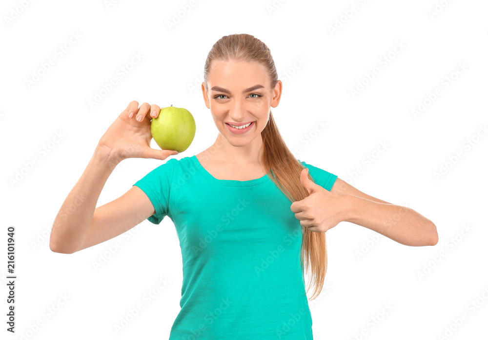 Young woman with apple on white background. Diet food concept
