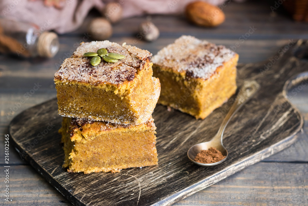 Homemade pumpkin bars with sugar-cinnamon crust