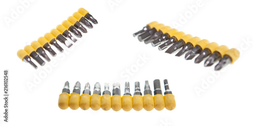 Heads for screwdriver. Bits. Tools on white background. Handyman tools accesory photo