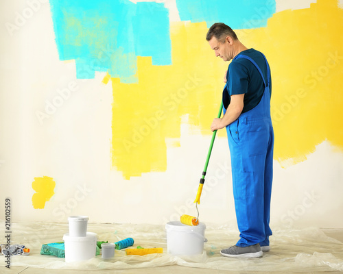 Male painter in uniform wor...