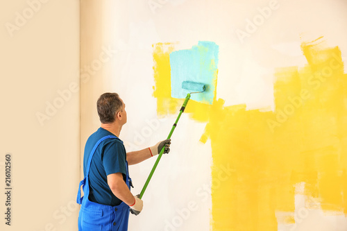 Male painter in uniform wor...