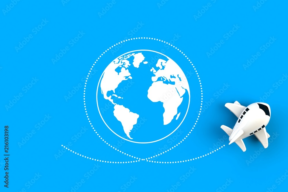 Fototapeta premium Close up of airplane flying around the world concept illustration on blue background, Top view with copy space, 3d rendering