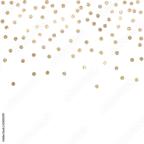 Vector background with confetti circles, small pieses of gold foil isolated on white. Modern element for wedding, celebration, party, anniversary, birthday, Valentine's Day designs.
