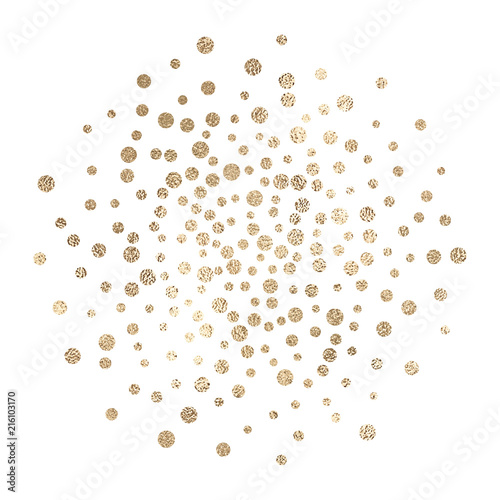 Vector background with confetti circles, small pieses of gold foil isolated on white. Modern element for wedding, celebration, party, anniversary, birthday, Valentine's Day designs.