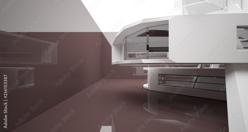 Abstract white and brown interior multilevel public space with window. 3D illustration and rendering. Abstract white and brown interior multilevel public space with window. 3D illustration and rendering.