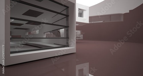 Abstract white and brown interior multilevel public space with window. 3D illustration and rendering. © SERGEYMANSUROV