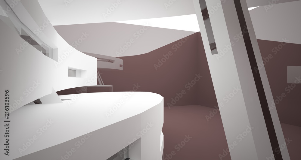 Abstract white and brown interior multilevel public space with window. 3D illustration and rendering. Abstract white and brown interior multilevel public space with window. 3D illustration and rendering.