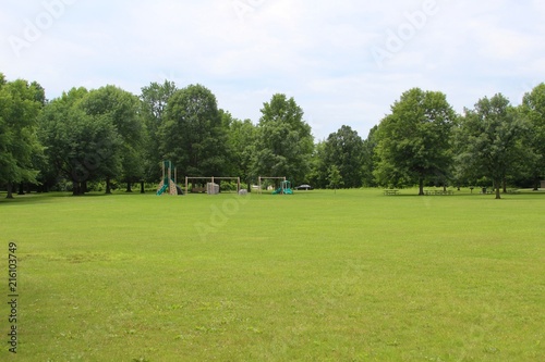 A view of the playground area on the green grass land.