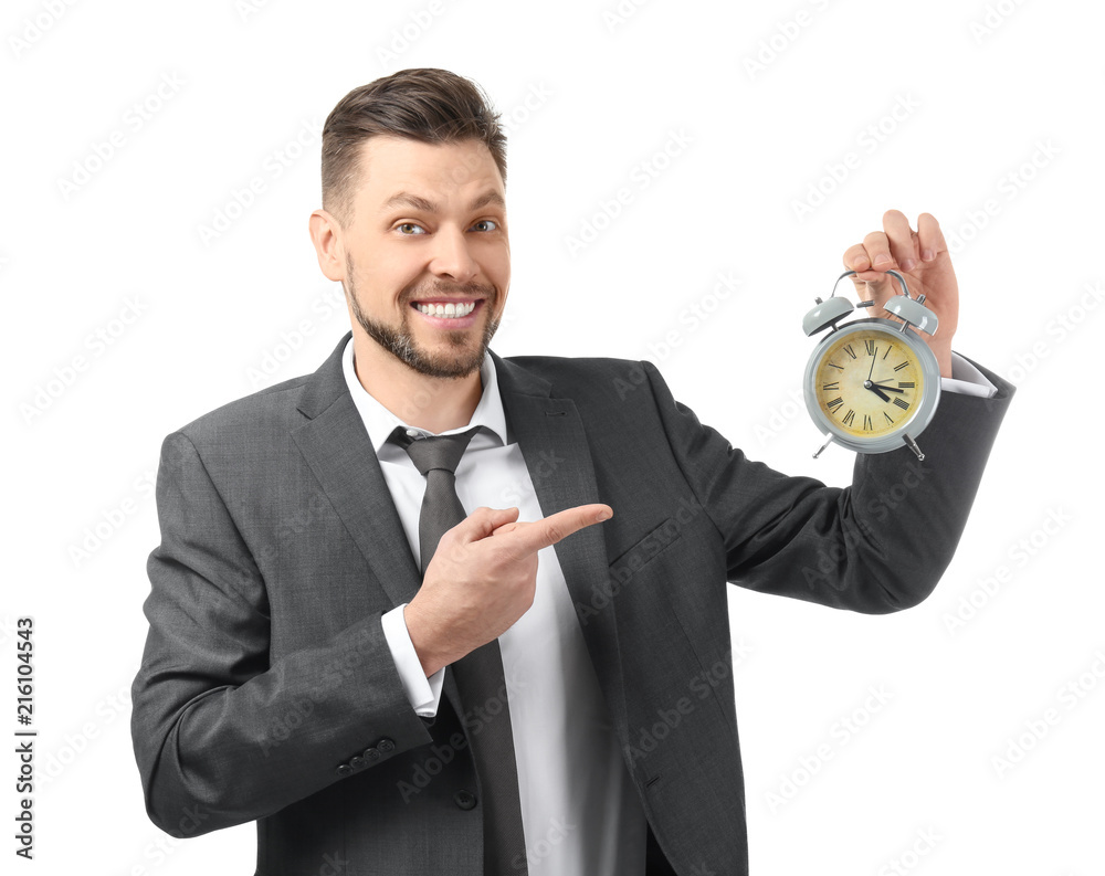 Businessman with alarm clock on white background. Time management concept Businessman with alarm clock on white background. Time management concept