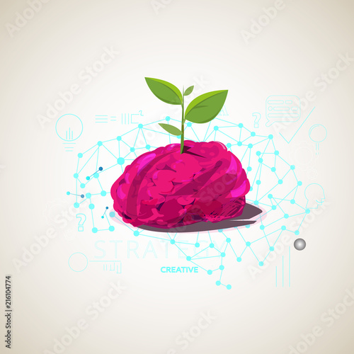 brain with little sapling with creative icon doodle style. creative brain create green and friendly enviroment technology. green world concept - vector