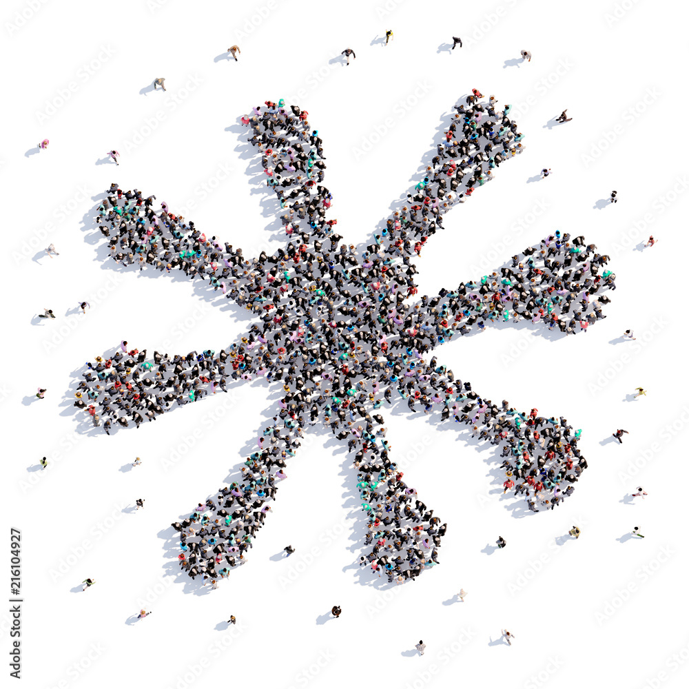 A lot of people form snowflake, christmas, children's drawing . 3d rendering. A lot of people form snowflake, christmas, children's drawing . 3d rendering.