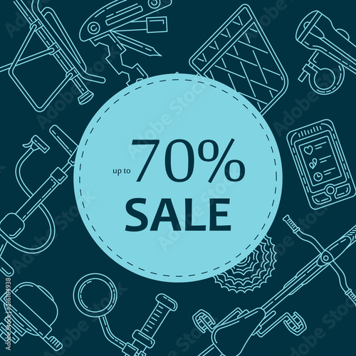 Advertising banner design for bicycle spare parts and accessories sale. Active lifestyle promotional square background. Perfect for discount, seasonal sale, special offer design.