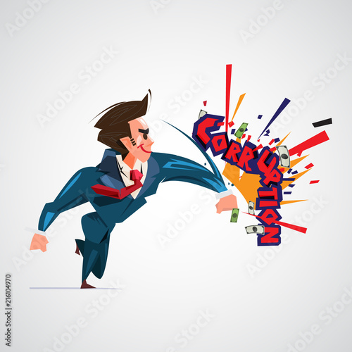 businessman hitting "corruption" text design. anti corruption concept. no worry for budget - vector