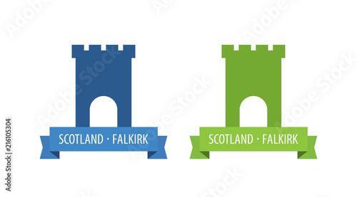 Emblem with Tower of European Medieval Castle with Scroll and Caption