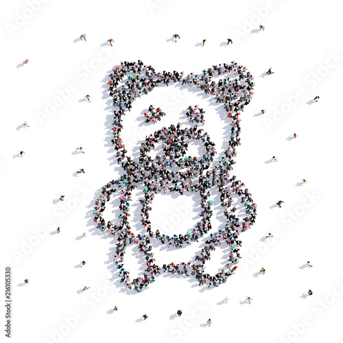 A lot of people form baby toy bear, hand drawing . 3d rendering.