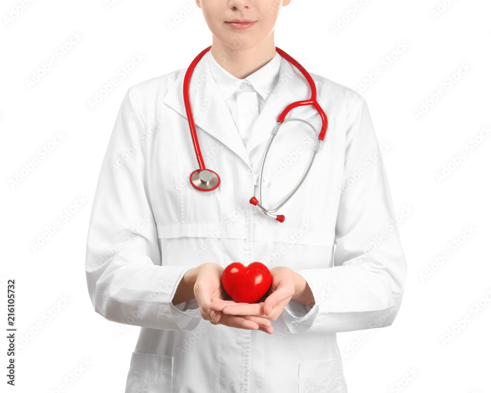 Female doctor with red heart on white background Female doctor with red heart on white background